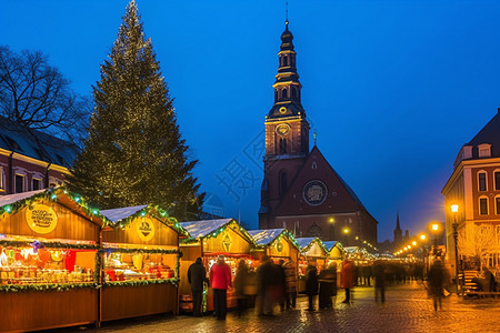 圣诞节的教堂广场集市场景图片