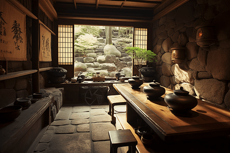 有天然石墙的茶室背景图片