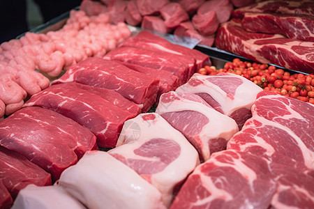 超市猪肉超市中各种肉类背景