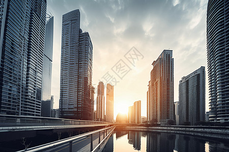 阳光下蜿蜒的河流现代城市的高层建筑背景