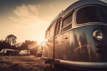 野营地的复古房车图片
