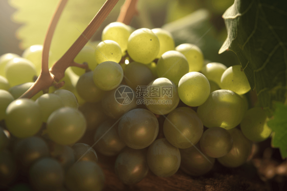 透视: 葡萄藤上的一簇新鲜葡萄的特写视图。背景: 葡萄园。风格: 。渲染和照明: 柔和的自然照明。，高清图片