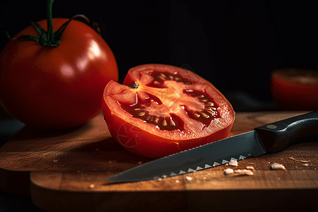 切菜板上切开的西红柿图片