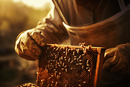 在处理蜂窝的养蜂人图片