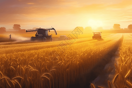 小麦田里收割庄稼的机器图片