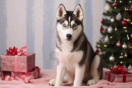 圣诞节布置的哈士奇宠物背景图片