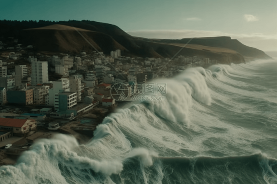 海浪席卷沿海的城镇图片