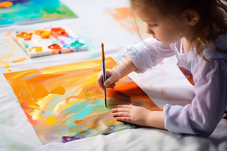 水彩颜料背景小女孩用水彩颜料在布上画画背景