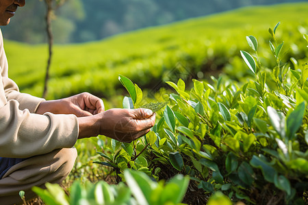 茶园采摘茶叶的特写镜头图片