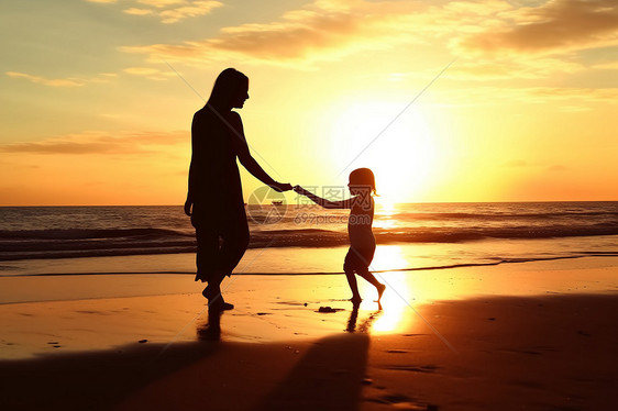 日落时母亲和孩子在海滩上玩耍图片