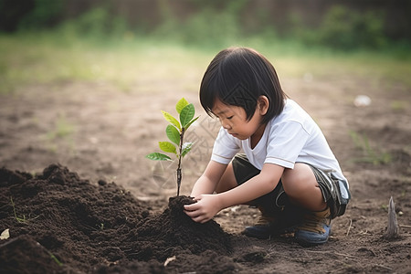 可爱的亚洲孩子在黑土种树图片