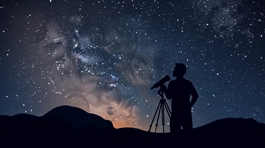用望远镜看星星和月亮的剪影图片