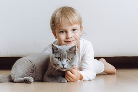 可爱的小孩抱着宠物猫图片