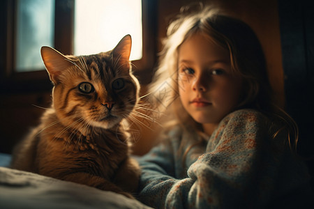 猫卡通小女孩与猫咪享受着慵懒的下午背景