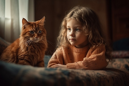 一个可爱的小女孩和她的猫图片