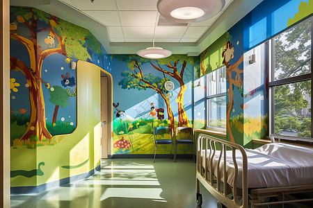 病房卡通墙上是卡通人物的儿童病房背景