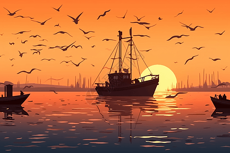 日落时渔船后面的海鸥图片