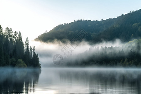 湖边的森林笼罩在大雾之中图片