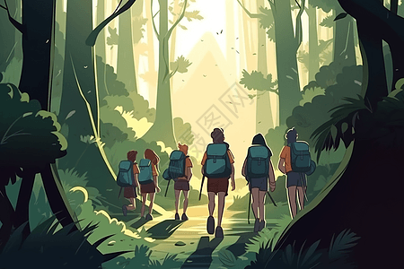 学生在森林徒步旅行背景图片