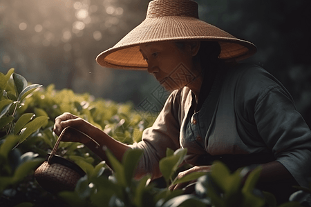 采茶者在收获茶叶背景