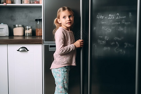 小女孩在厨房留言板画画背景图片