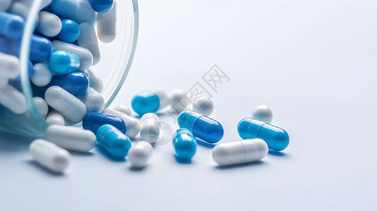 白桌上蓝白胶囊药物图片