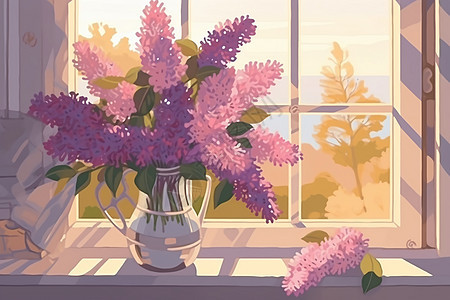 春季花瓶中培育的紫色丁香花图片