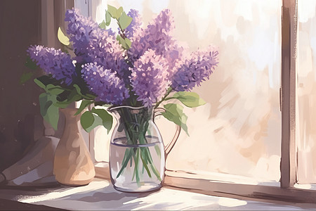 花瓶中紫色丁香花平面插图图片