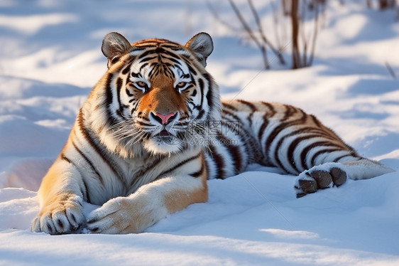 趴在雪地上的老虎图片