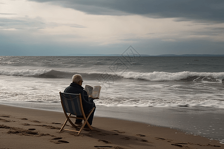 沙滩老人老人在沙滩上看书背景