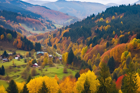 秋天山谷中的村庄自然景观图片