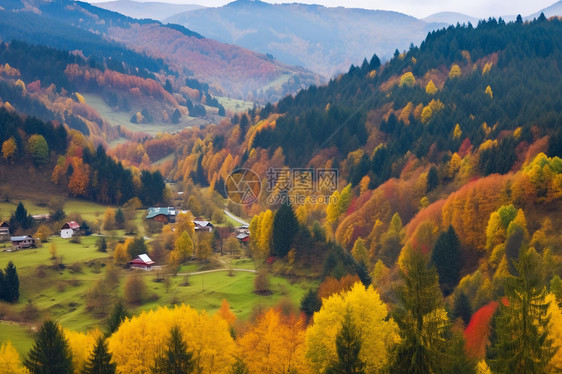 秋天山谷中的村庄自然景观图片