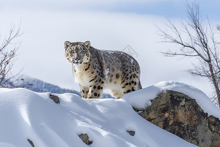 雪豹在雪山寻找猎物背景图片