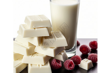 牛奶旁边有着白巧克力和浆果背景图片