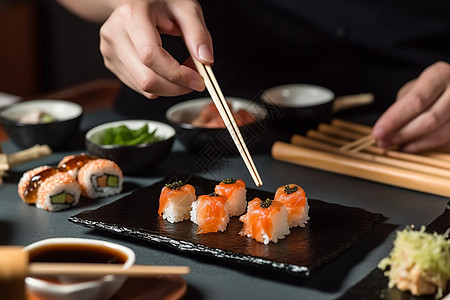女人用筷子蘸酱油寿司图片