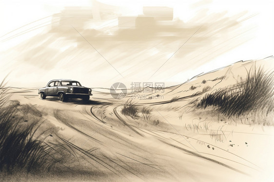 汽车在沙漠公路上行驶插图图片