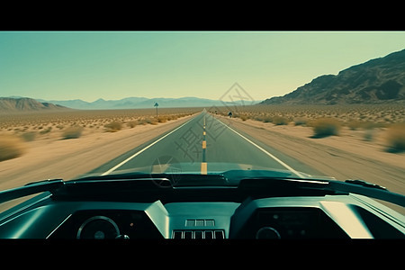 在沙漠高速公路上行驶的太阳能汽车pov图片