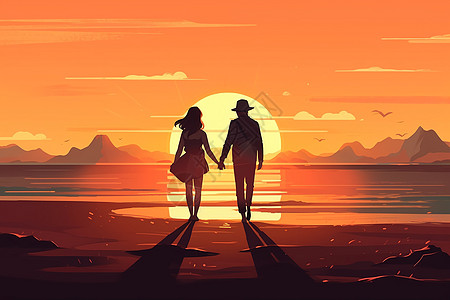 日落下牵手在海滩上散步的情侣插图高清图片