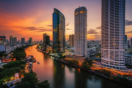 曼谷日落时的城市建筑图片