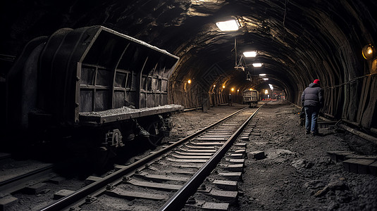 山西煤矿地下黑色煤矿与铁轨背景