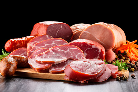 各种肉类制品和新鲜的牛肉猪肉图片