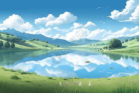 蓝天白云湖一片湖映照着蓝天白云插画