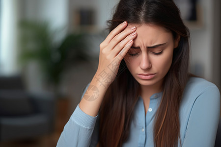 一个女人手托着额头正感到沮丧图片