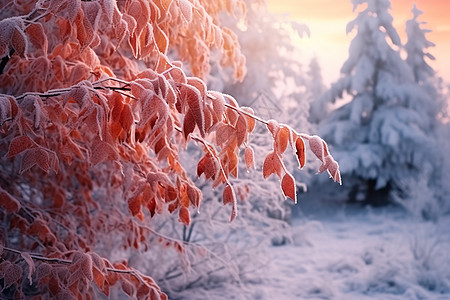 温暖冬季树叶被雪覆盖冻结背景