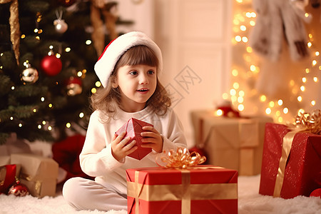 礼盒打开小女孩收到了圣诞节的礼物背景