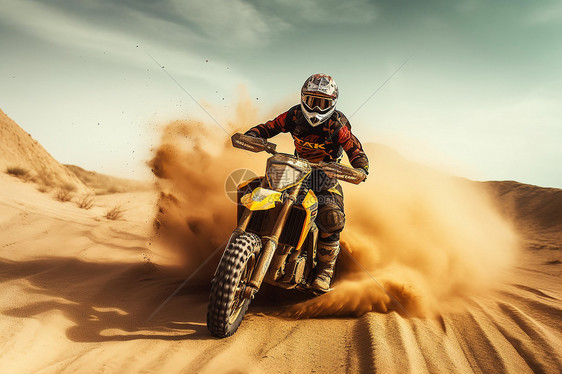 在沙漠中驾驶的摩托车图片