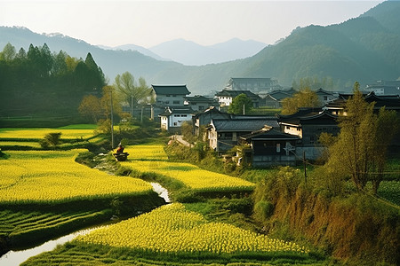 油菜花田地乡村里的油菜花背景