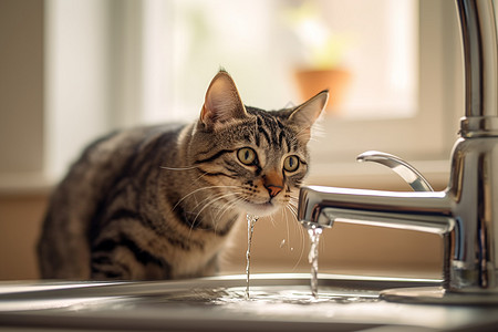 水龙头喝水可爱虎斑猫喝水背景