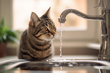 水龙头喝水可爱的猫喝水背景