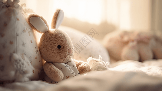 一只可爱的毛绒兔子躺在床上图片
